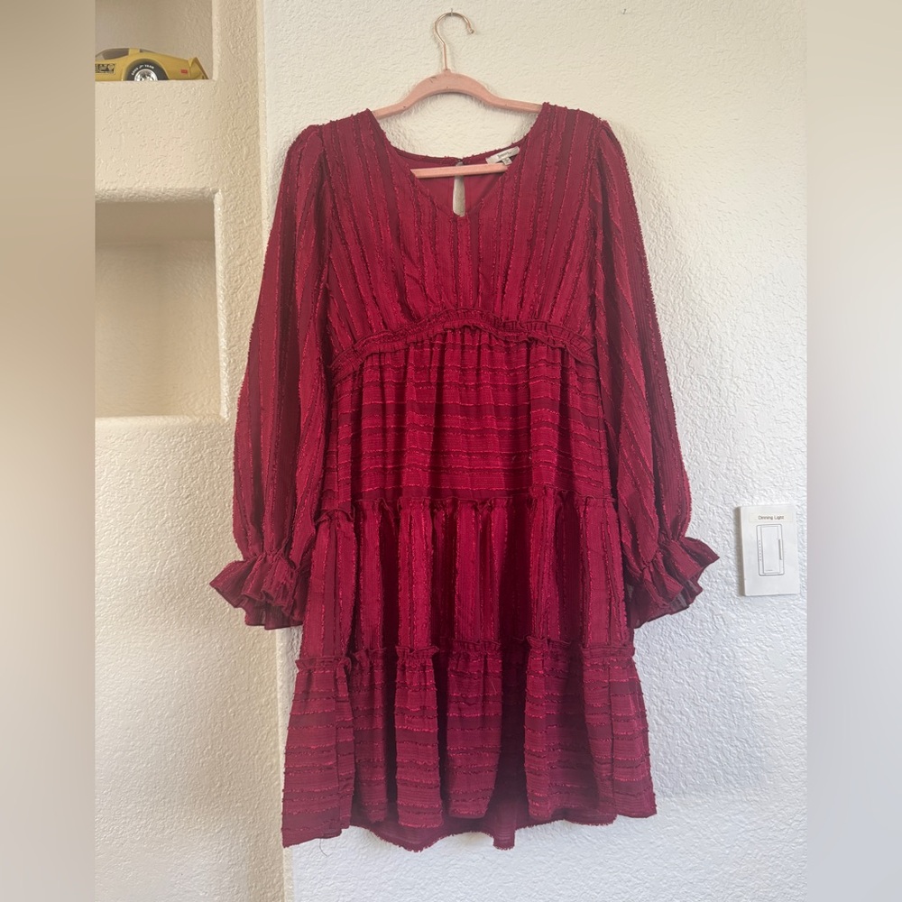 Raspberry colored pleated swing dress